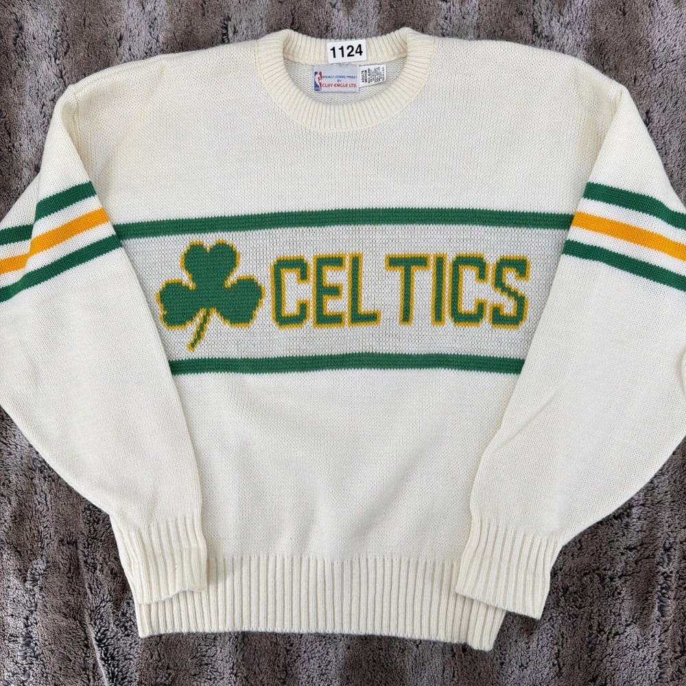 Vintage Boston Celtics NBA Wool Sweater Cliff Engle Licensed Men Medium White